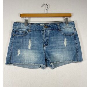 Grunge Indie Inked & Faded Womens 10 Blue Distressed Raw Hem Denim Jean Shorts